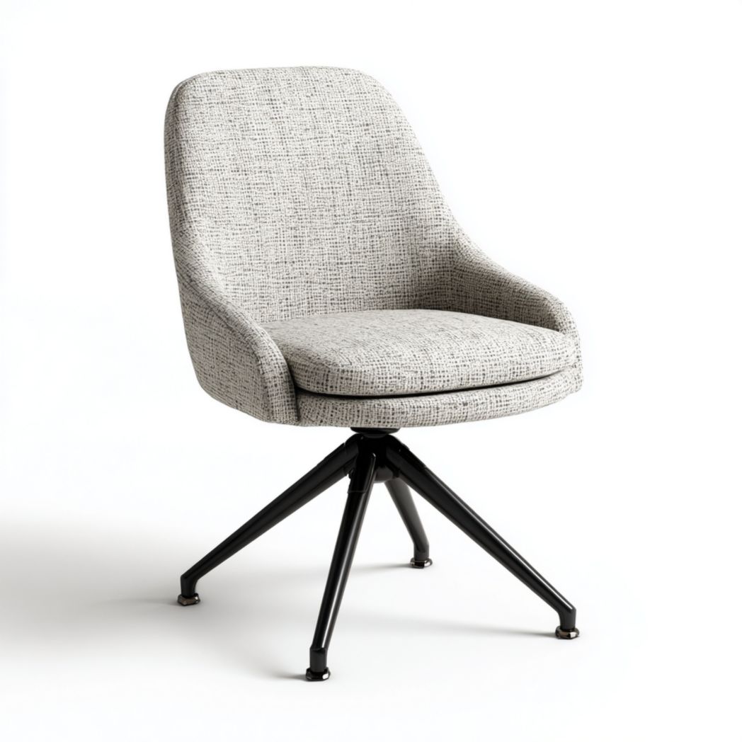 Chaise de bureau en tissu gris, assise rembourrée, piètement métallique à quatre pieds