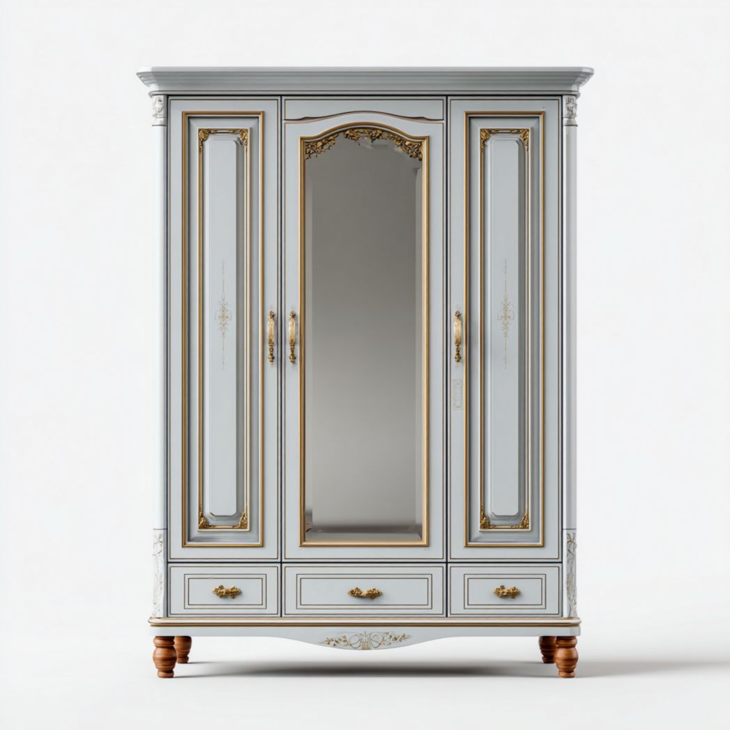 Armoire en bois gris clair à trois portes avec miroir et tiroirs
