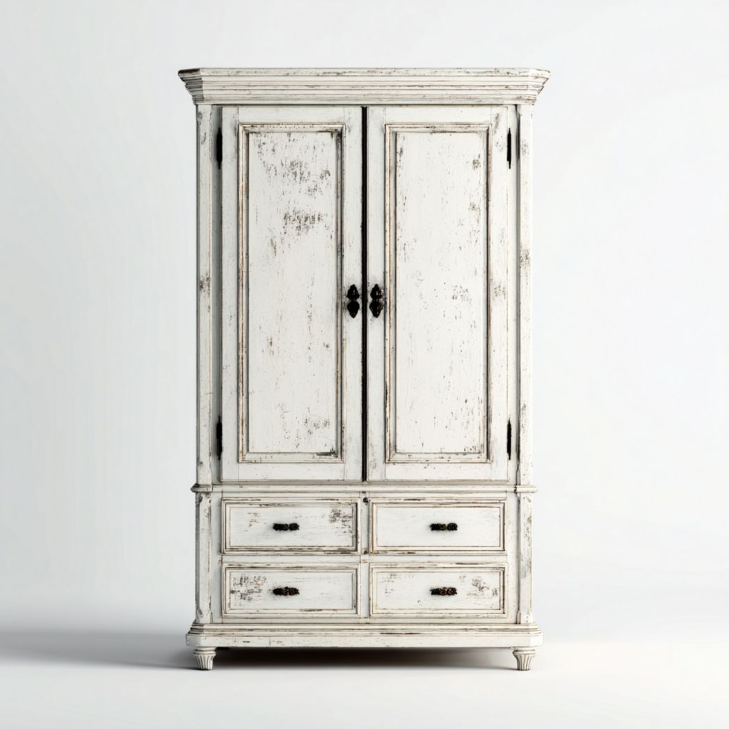 Armoire en bois blanc vieilli avec 2 portes et 4 tiroirs