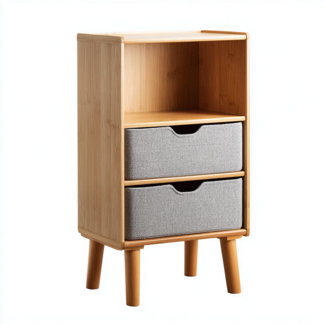 Étagère de salle de bain en bambou avec 2 tiroirs en tissu et niche ouverte