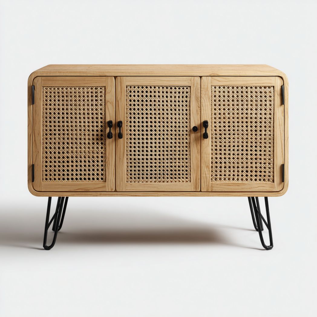 Meuble à chaussures bois clair avec trois portes en rotin et pieds métalliques