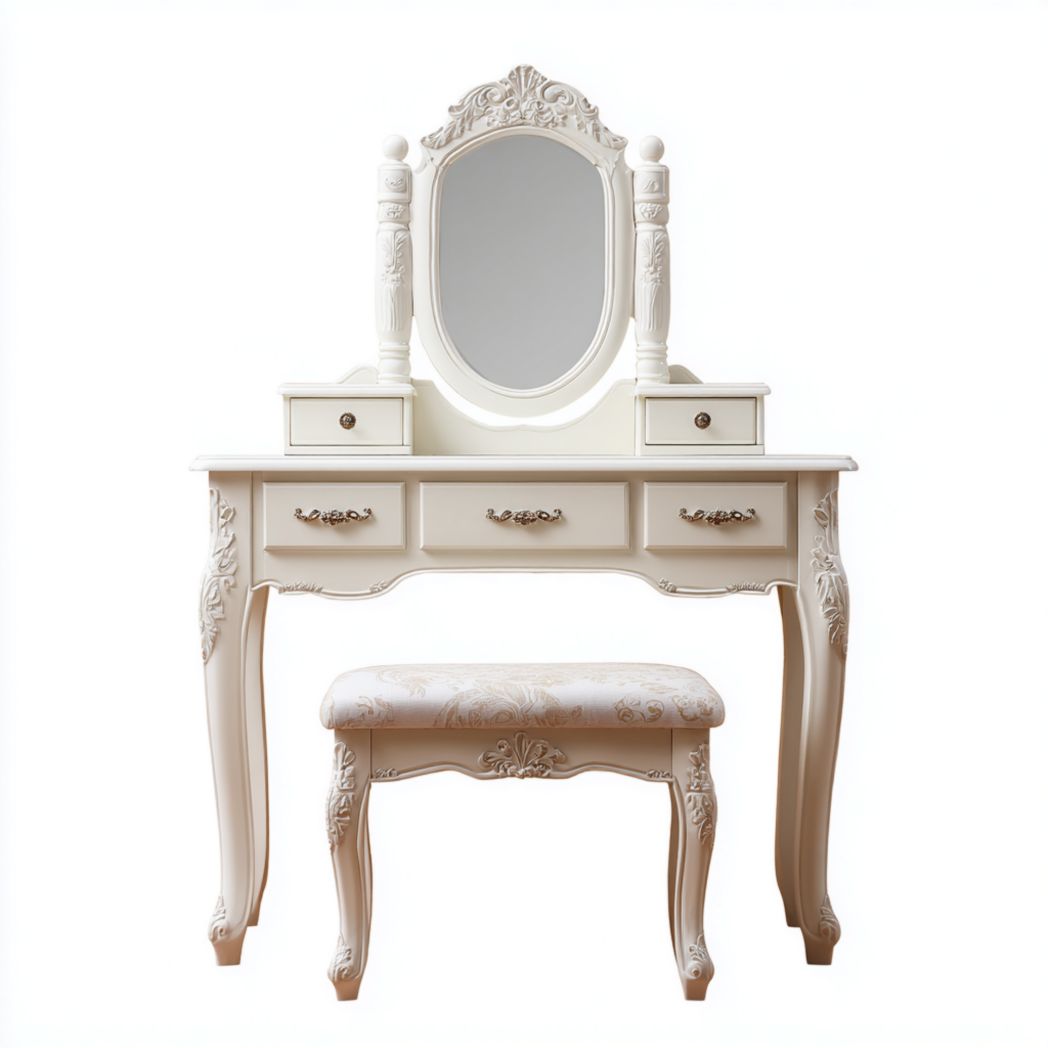 Coiffeuse ivoire avec miroir ovale, cinq tiroirs et tabouret rembourré sculpté