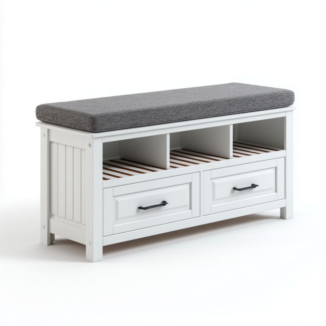 Banc d'entrée bois blanc avec coussin gris, trois niches et deux tiroirs