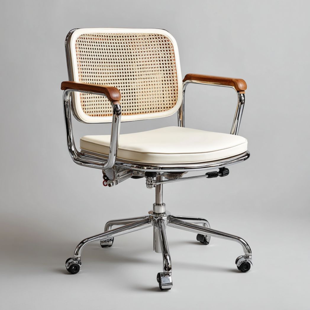 Chaise de bureau avec dossier en rotin, assise beige, accoudoirs en bois et piètement métallique pivotant à roulettes