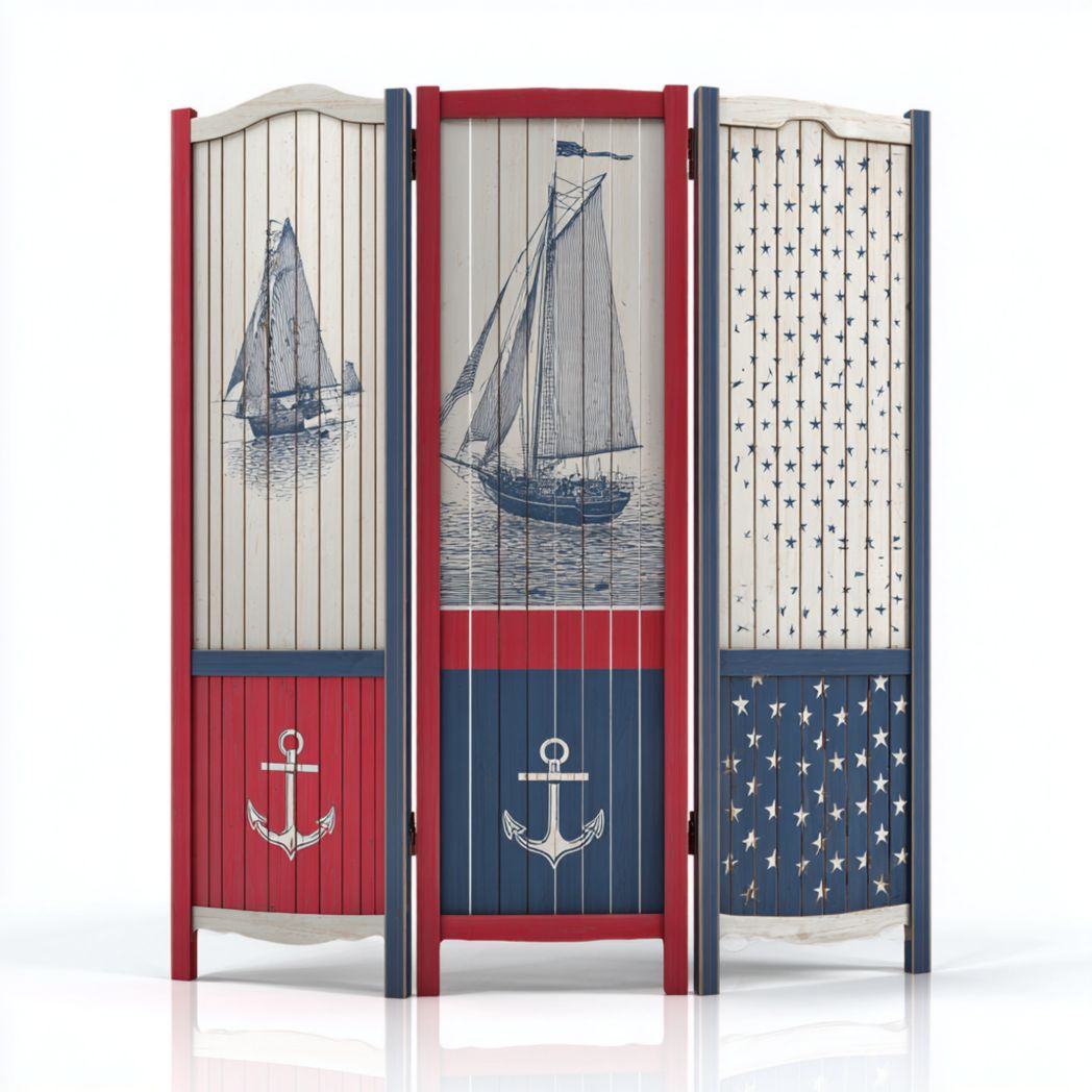Paravent 3 panneaux bois décor voilier et motifs étoilés