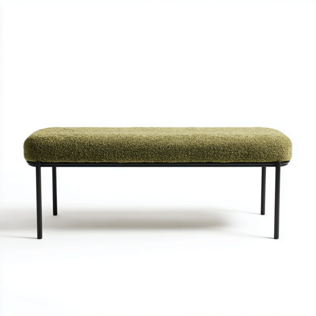 Banc d'entrée rectangulaire avec assise en tissu vert et structure en métal noir