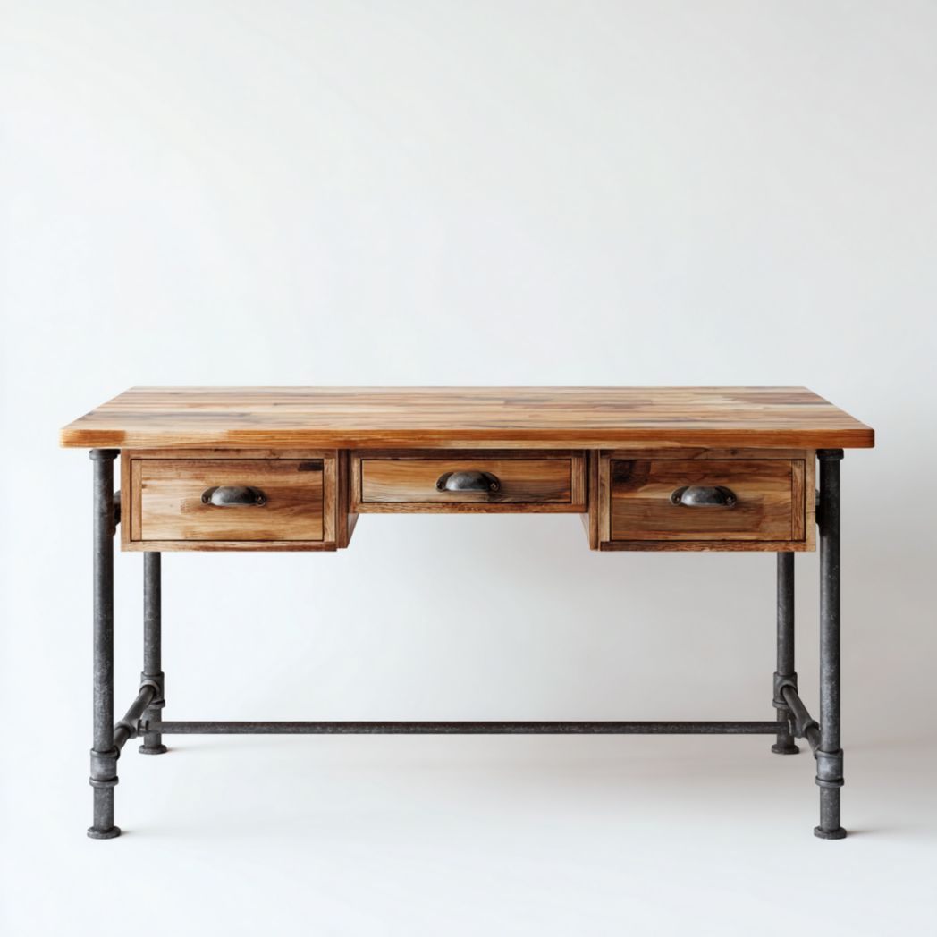 Bureau rectangulaire en bois naturel avec trois tiroirs et structure métallique