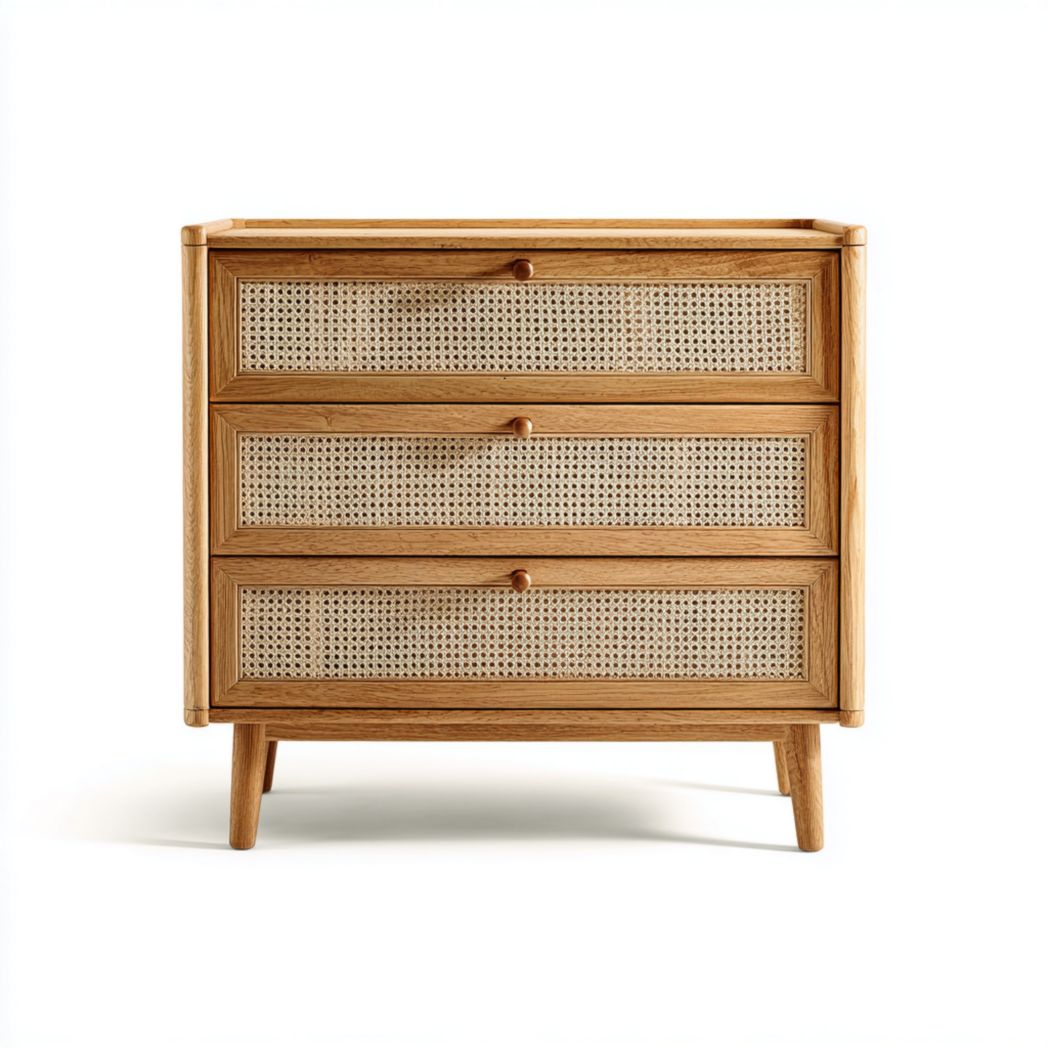 Commode 3 tiroirs bois naturel, façades en cannage, pieds en bois