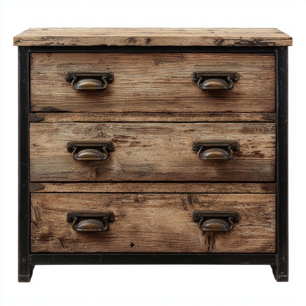 Commode 3 tiroirs bois effet vieilli, cadre métallique noir