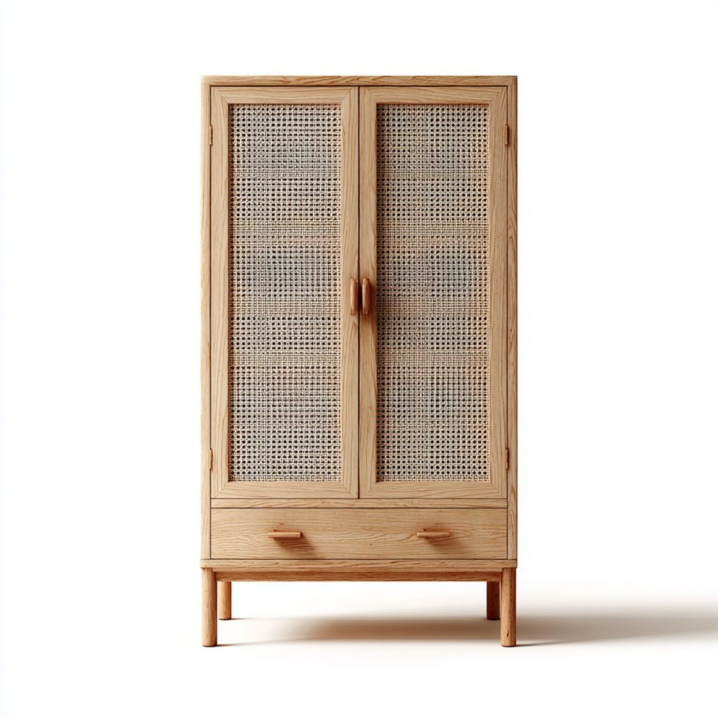 Armoire en bois naturel avec 2 portes en cannage et 1 tiroir
