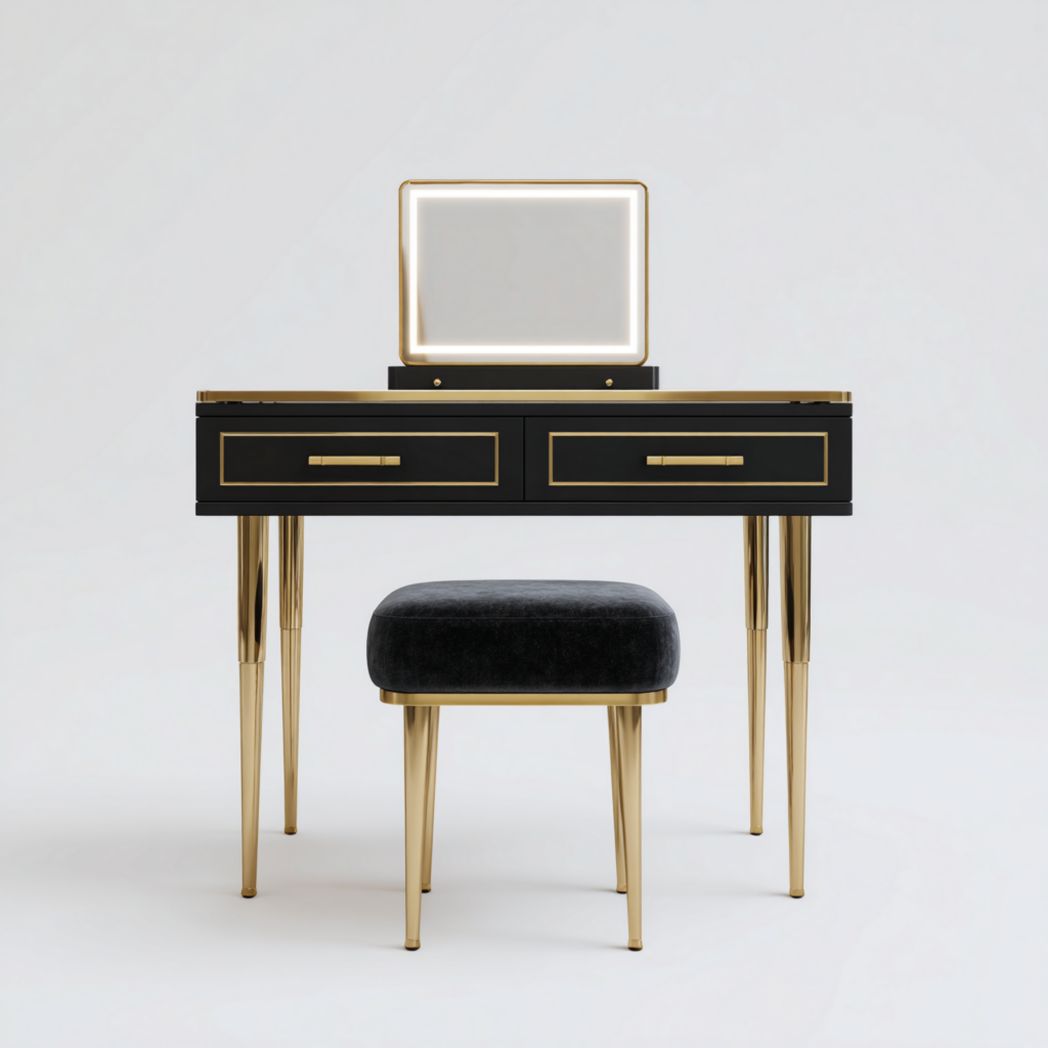 Coiffeuse noire avec miroir LED, deux tiroirs et tabouret rembourré noir