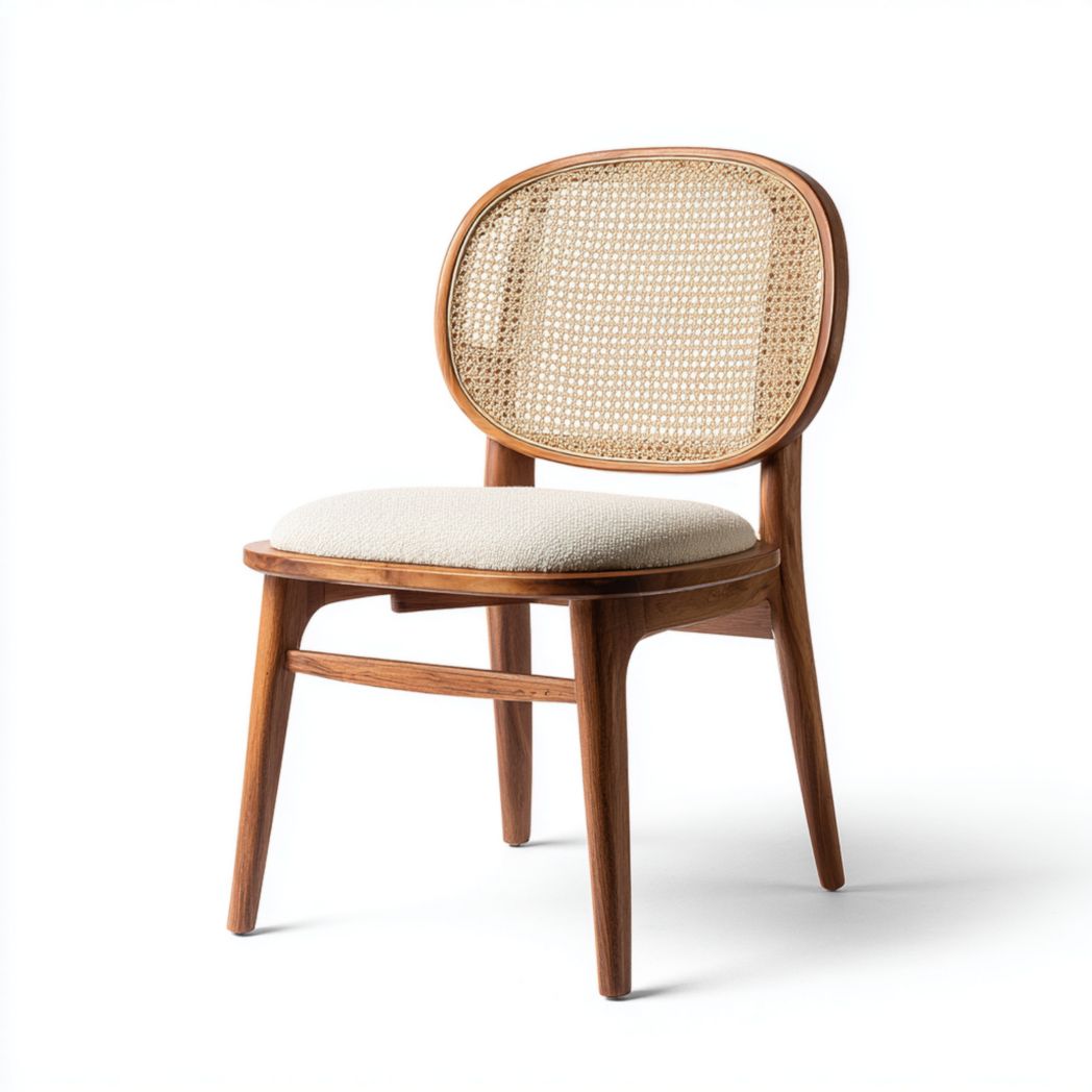 Chaise de salle à manger en rotin et tissu avec dossier ovale