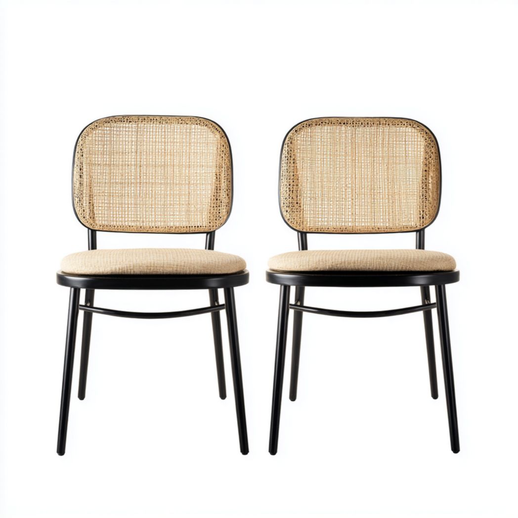 Lot de 2 chaises en métal noir avec dossier en rotin et assise en tissu beige