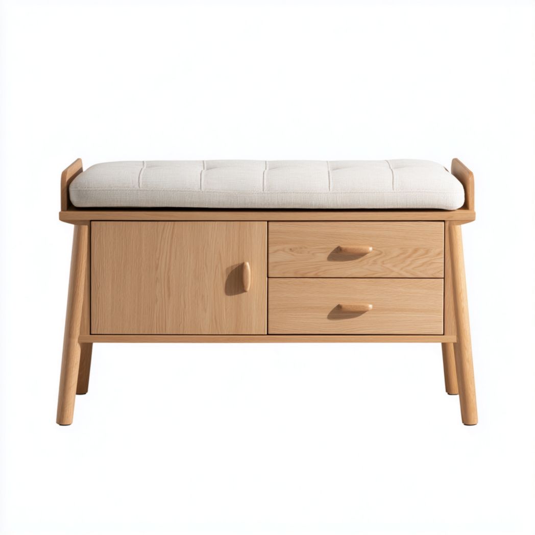 Banc d’entrée bois clair avec coussin tissu, une porte et deux tiroirs