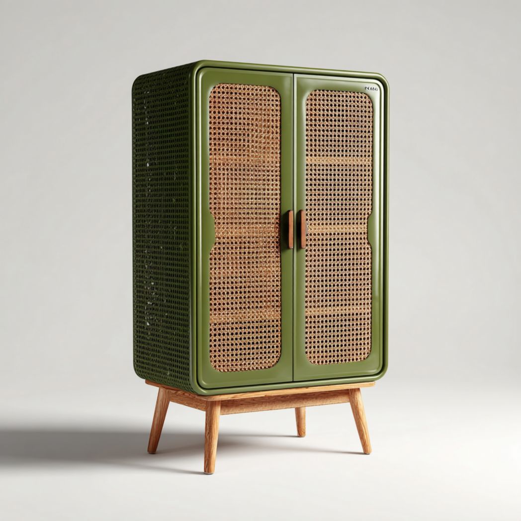 Meuble bas de salle de bain vert avec portes en rotin et pieds en bois