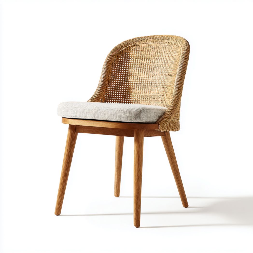 Chaise en bois avec dossier en rotin et assise en tissu beige