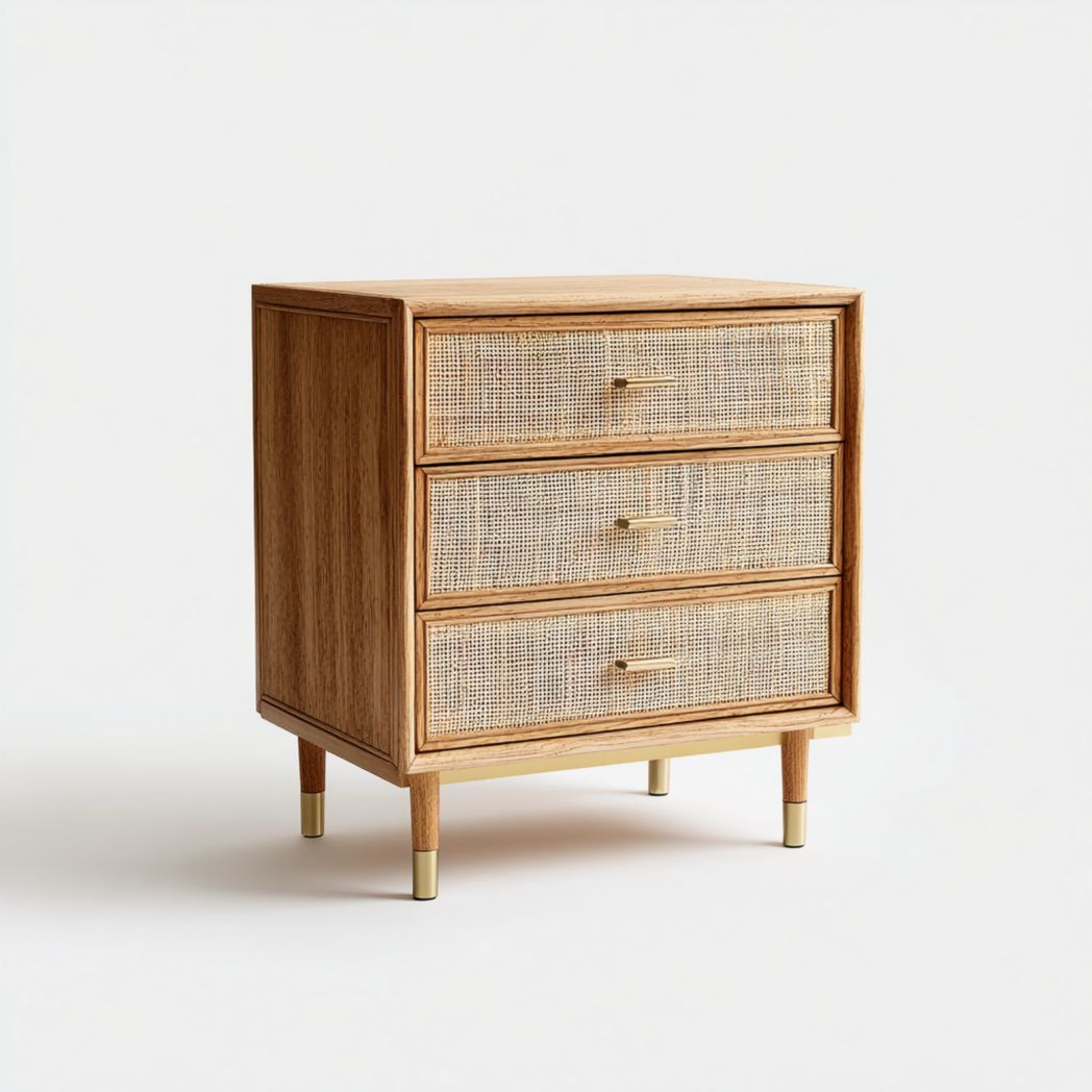 Commode 3 tiroirs bois et cannage, structure rectangulaire, pieds bois avec embouts métalliques