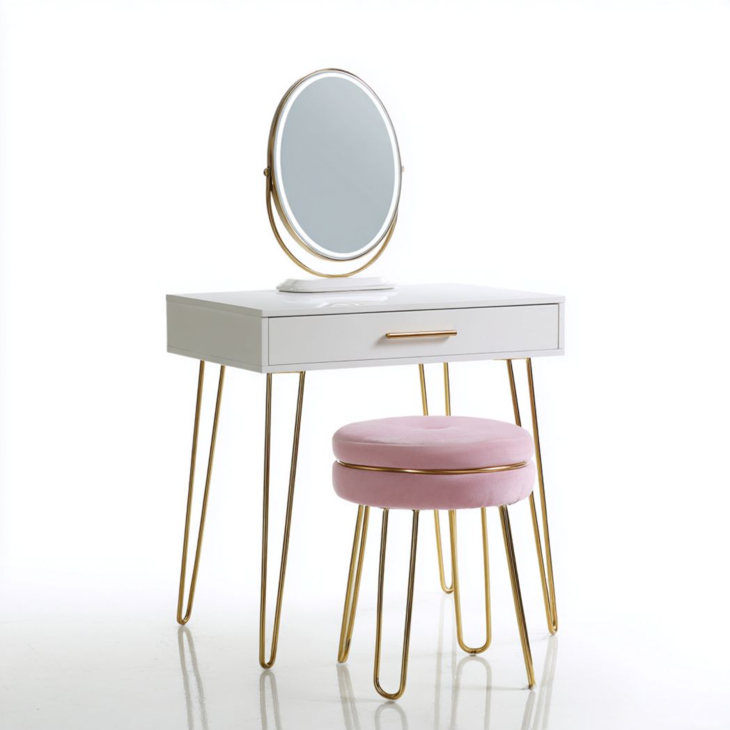 Coiffeuse blanche avec un tiroir, miroir rond et tabouret rose à pieds métalliques dorés