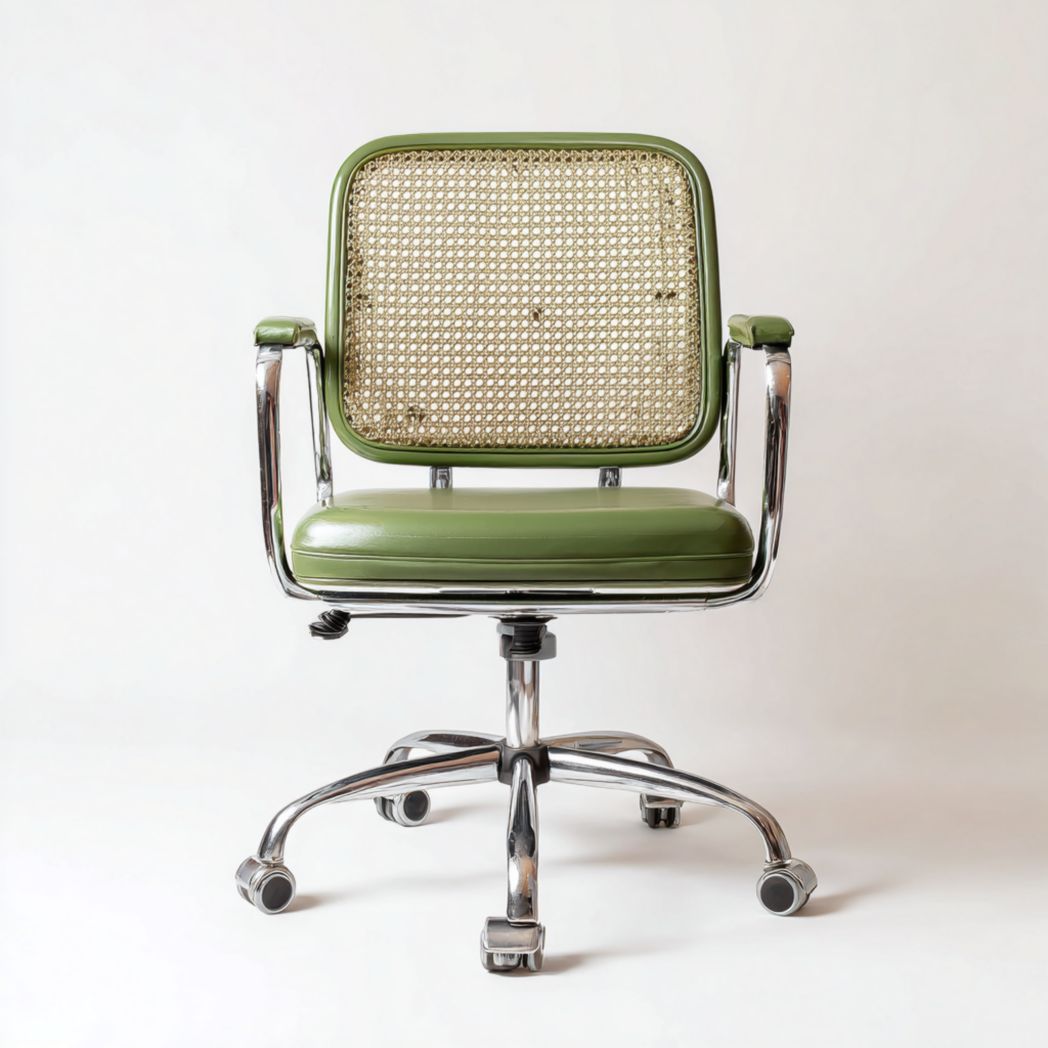 Chaise de bureau verte en cuir avec dossier en cannage et base métallique à roulettes
