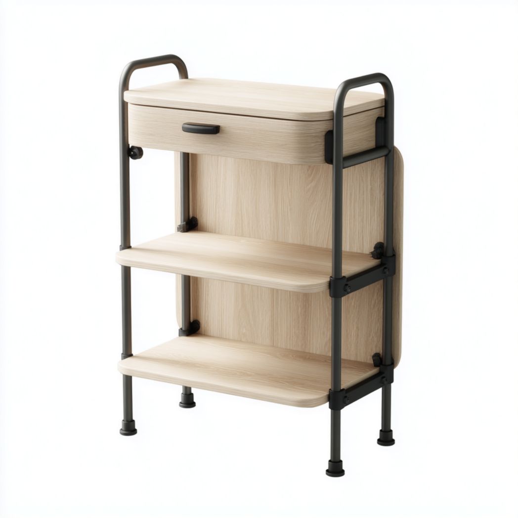Étagère de salle de bain en bois clair et métal avec 1 tiroir et 2 étagères ouvertes