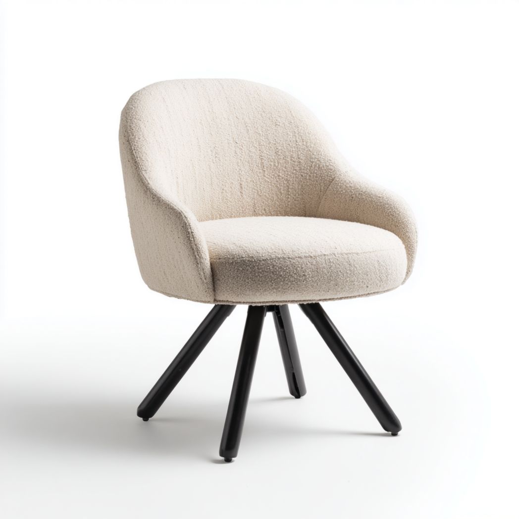 Chaise de bureau en tissu beige avec dossier arrondi et piètement métallique noir à quatre pieds