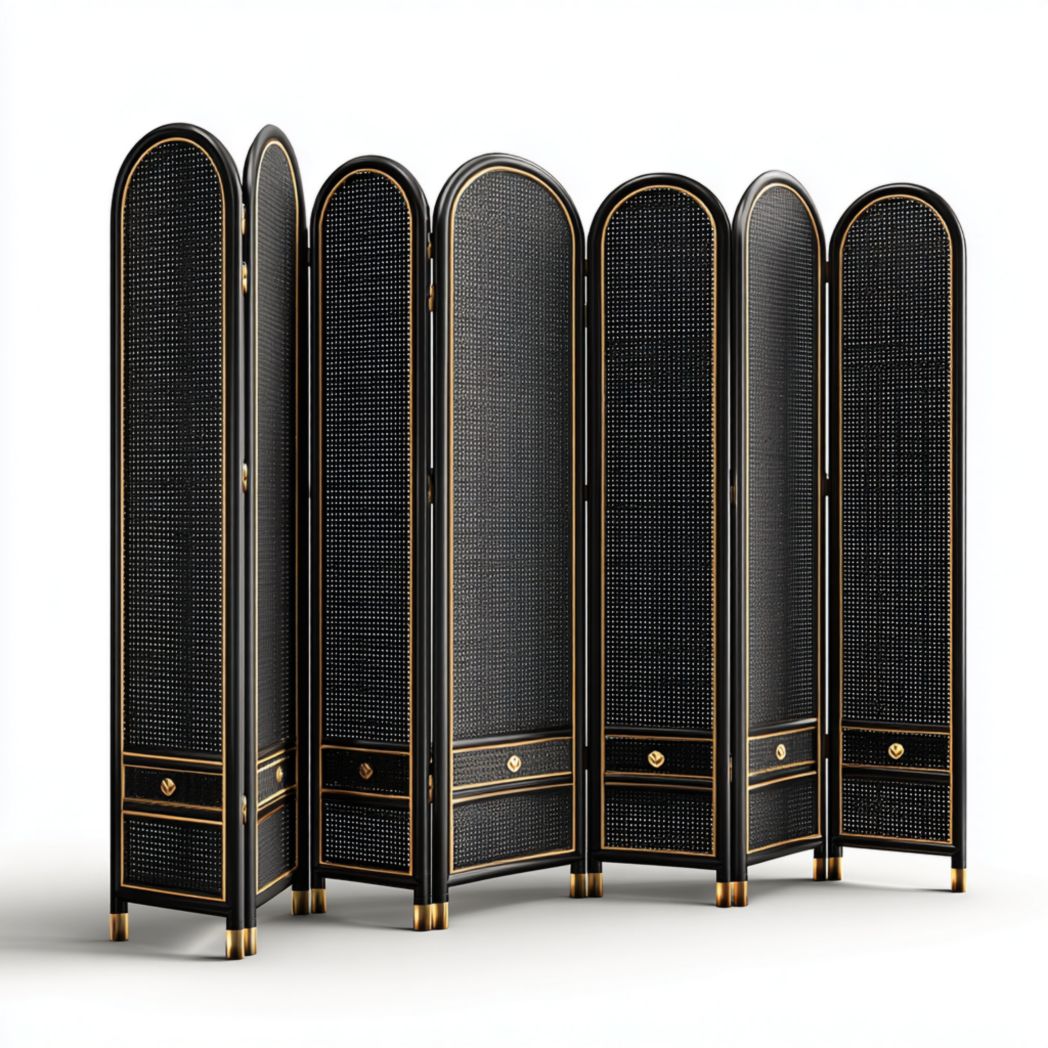 Paravent pliant en rotin à sept volets, encadré de noir et d'or