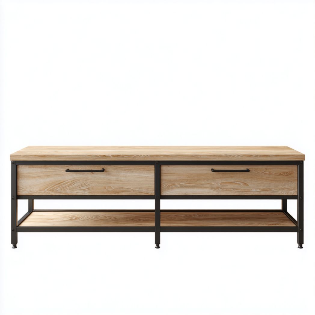 Banc d'entrée en métal noir et bois avec 2 tiroirs et étagère inférieure