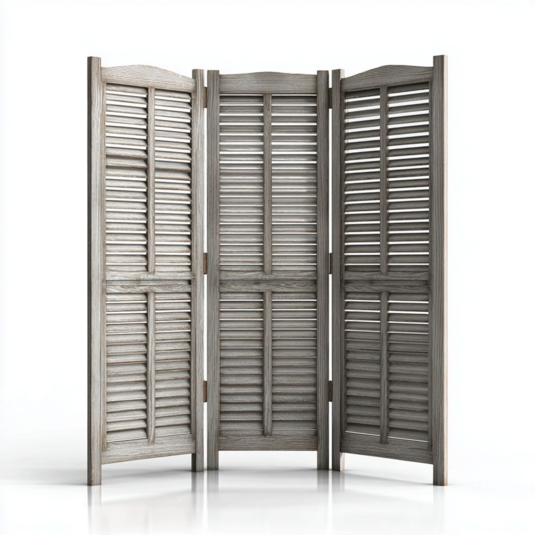 Paravent 3 panneaux bois gris à lames horizontales