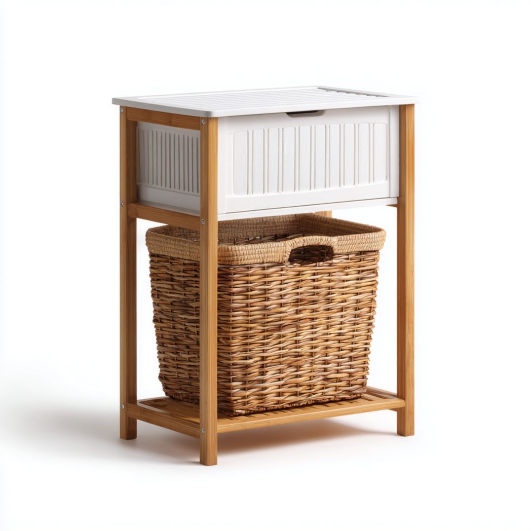 Étagère de salle de bain bois avec tiroir blanc et panier en rotin