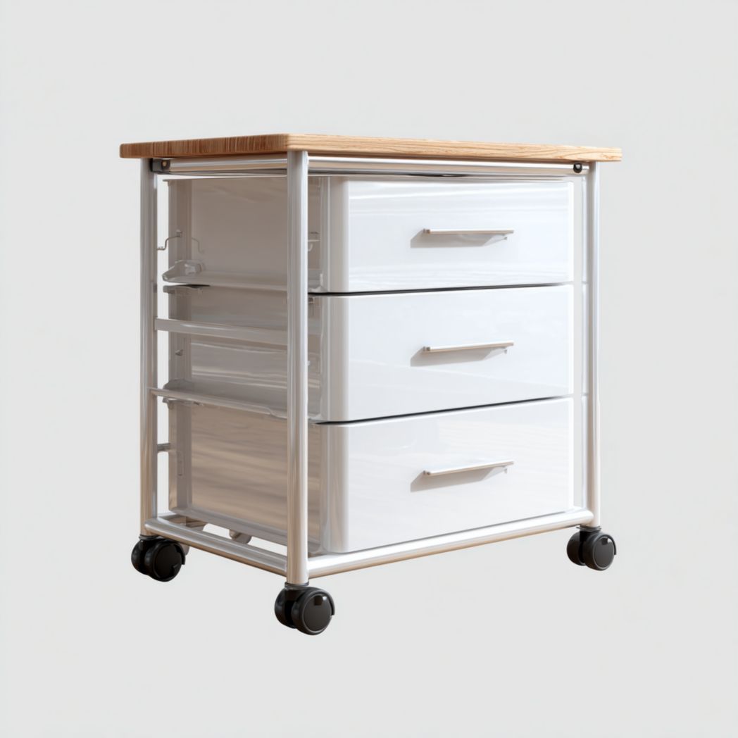 Meuble salle de bain avec structure métal, 3 tiroirs blancs et plateau bois