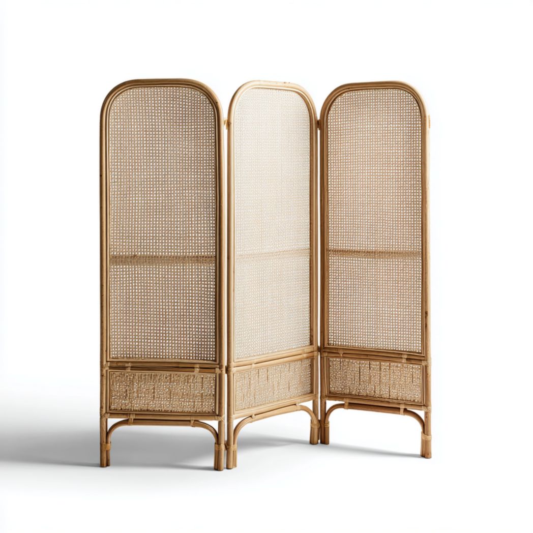 Paravent 3 panneaux rotin tressé, cadre bois clair avec sommet arrondi