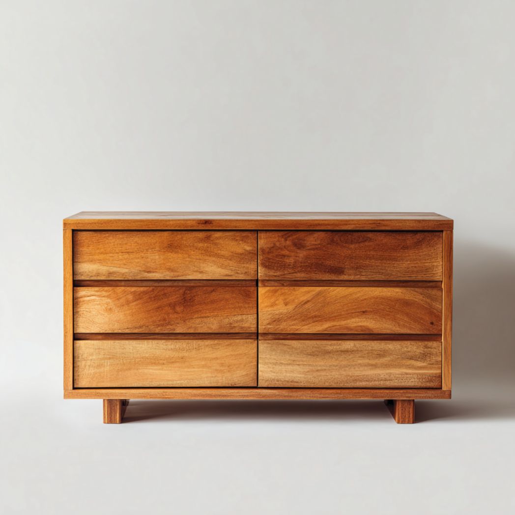 Commode 6 tiroirs bois naturel, structure rectangulaire, pieds courts