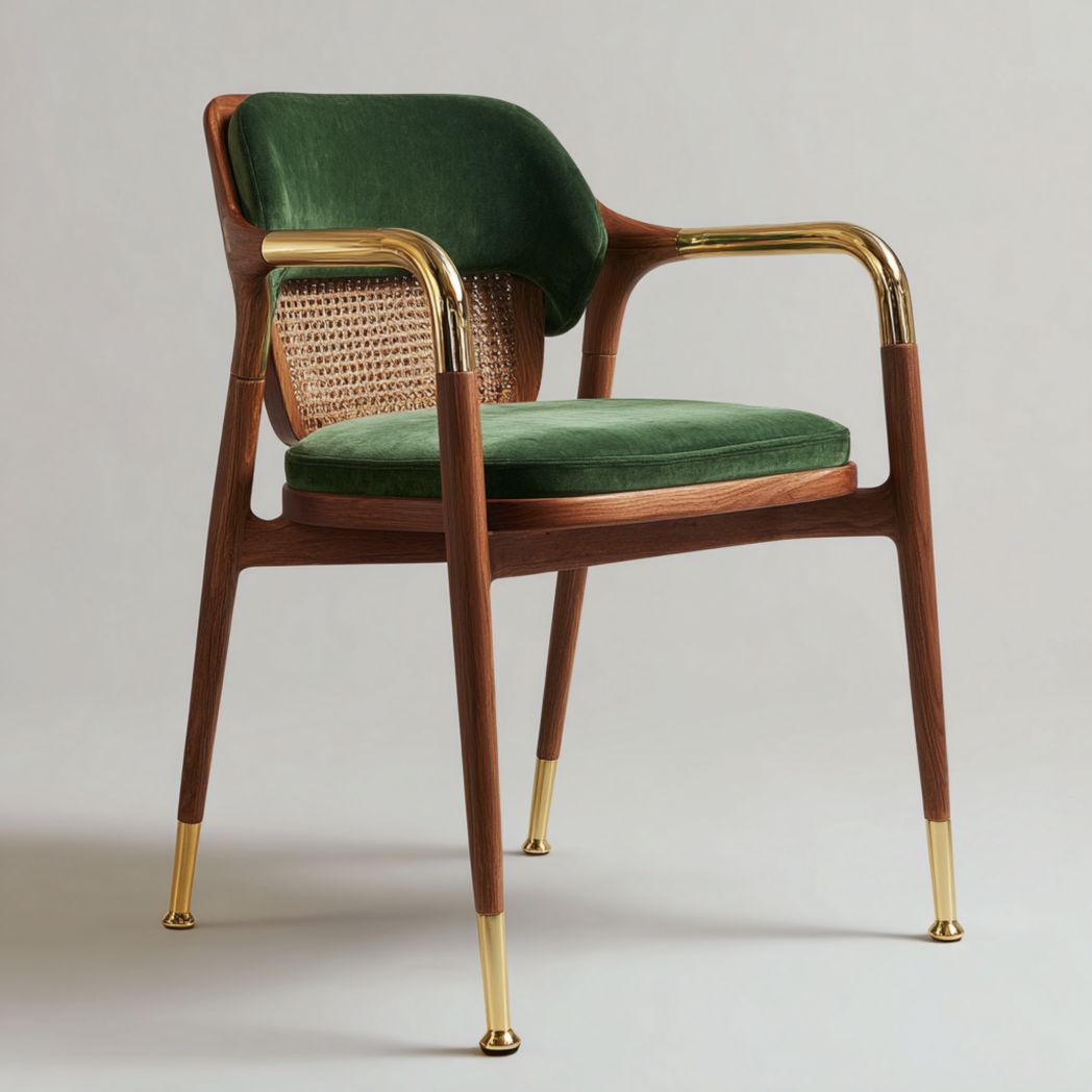Chaise en noyer avec dossier en rotin, assise verte et finitions métalliques