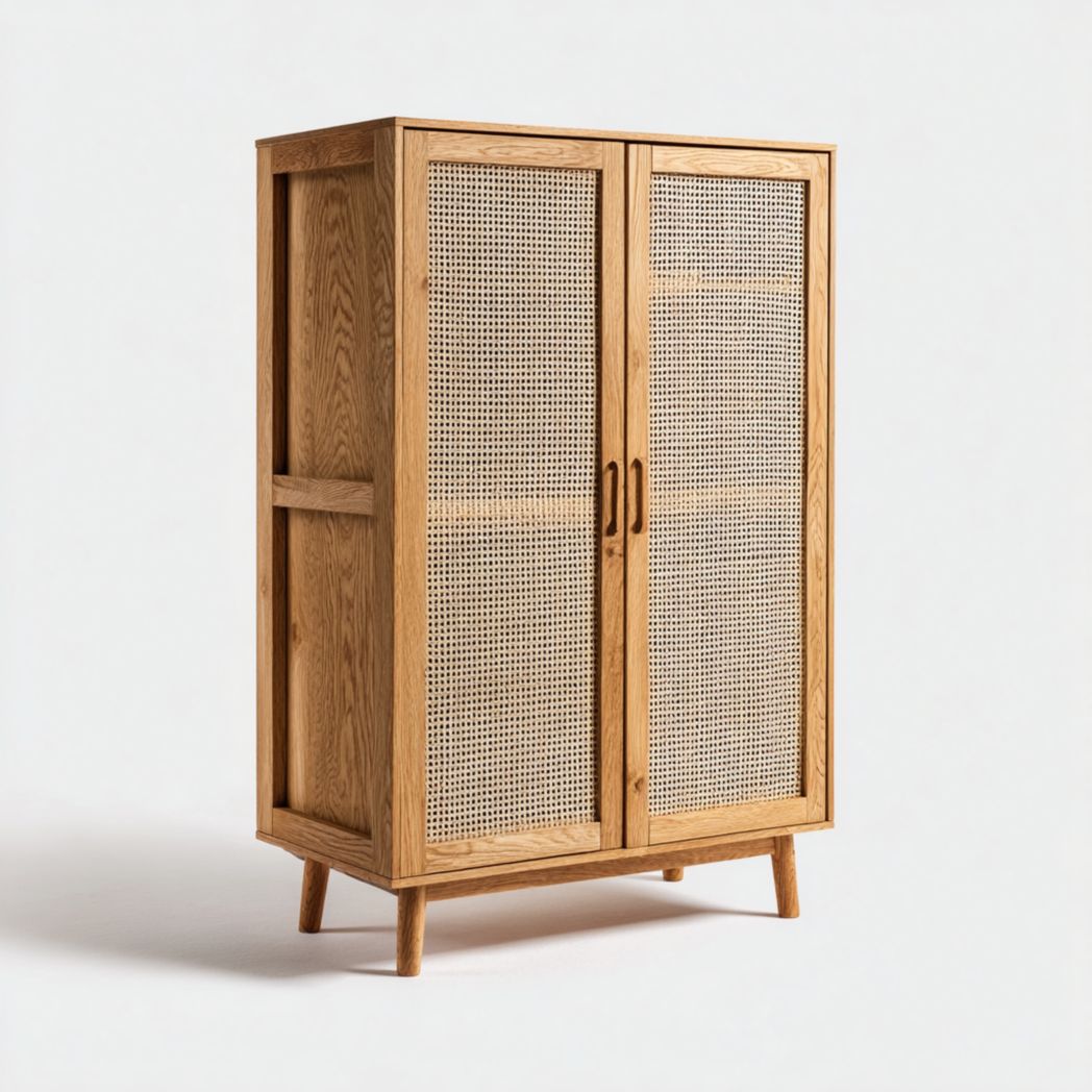Armoire en bois naturel avec 2 portes en cannage, sans tiroir