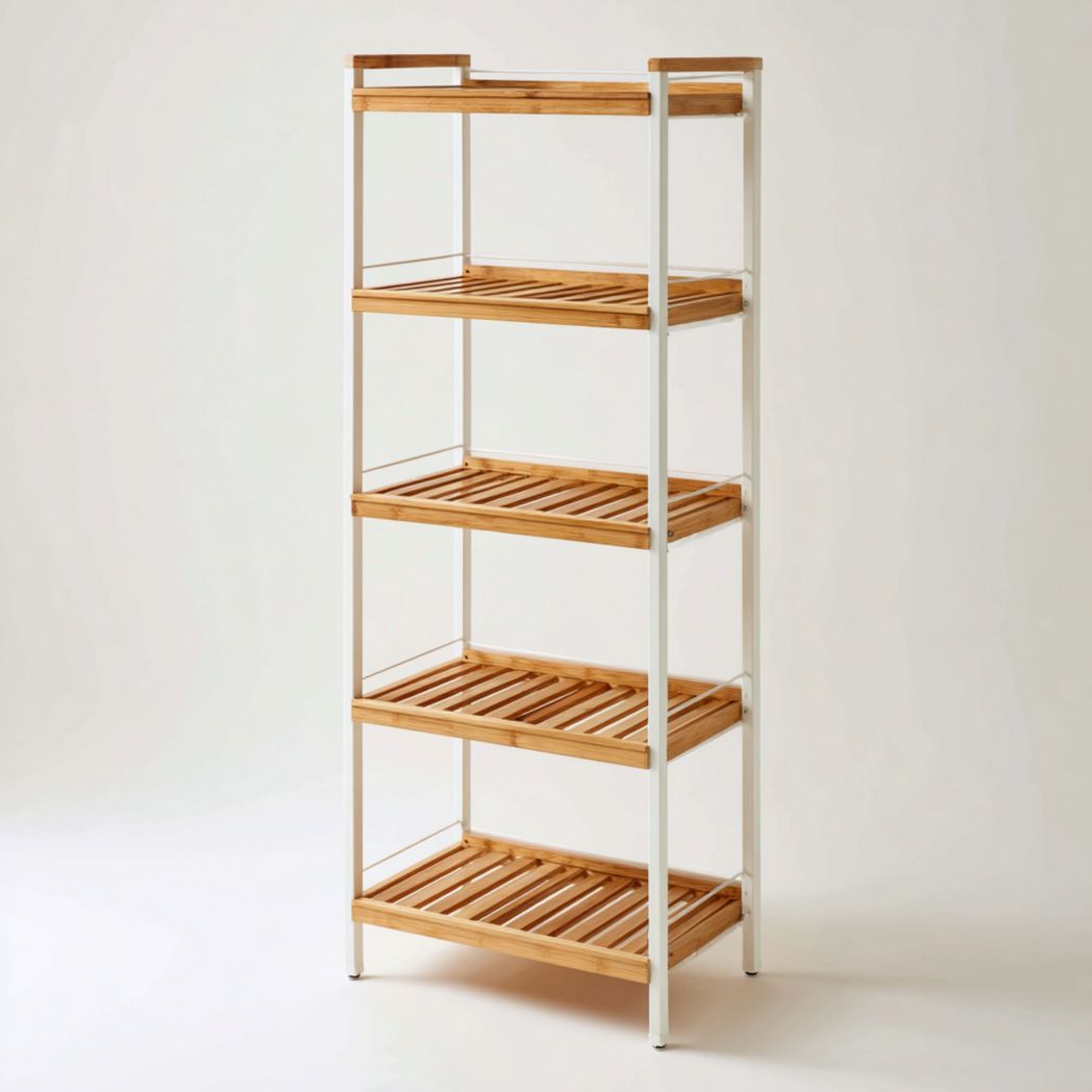 Étagère de salle de bain à 5 niveaux en bambou et métal blanc