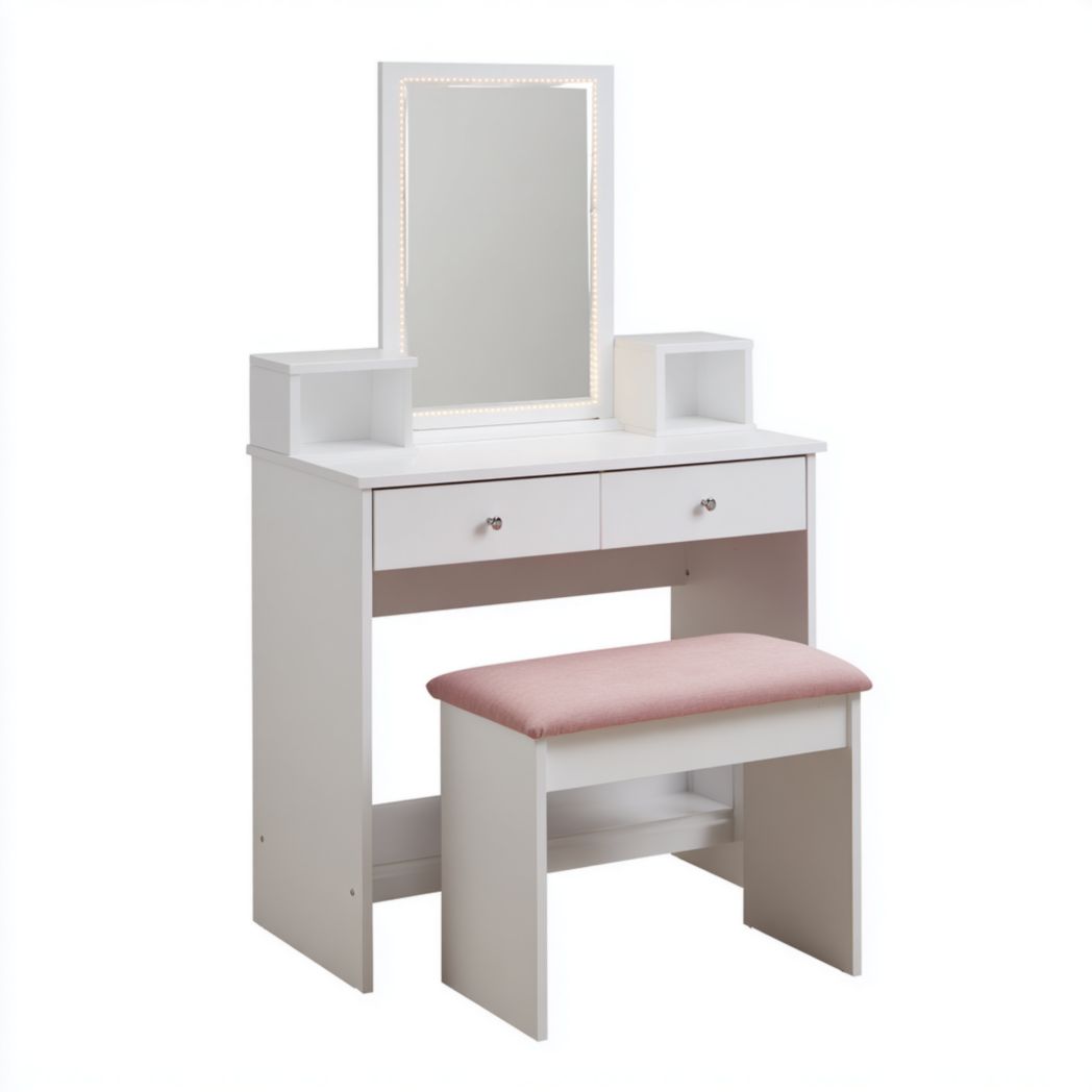 Coiffeuse blanche avec miroir rectangulaire LED, deux tiroirs et tabouret rose
