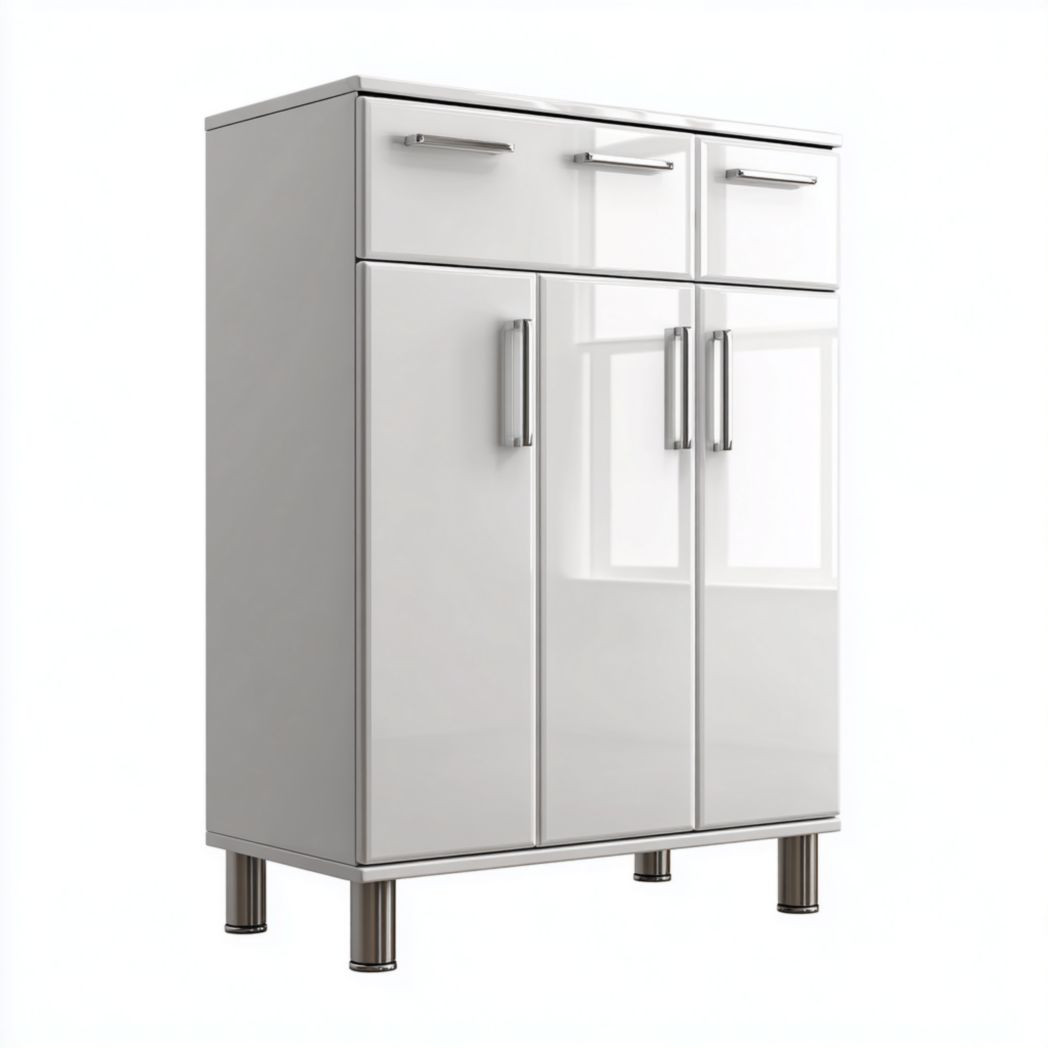 Meuble bas de salle de bain blanc avec trois tiroirs et trois portes pour le rangement