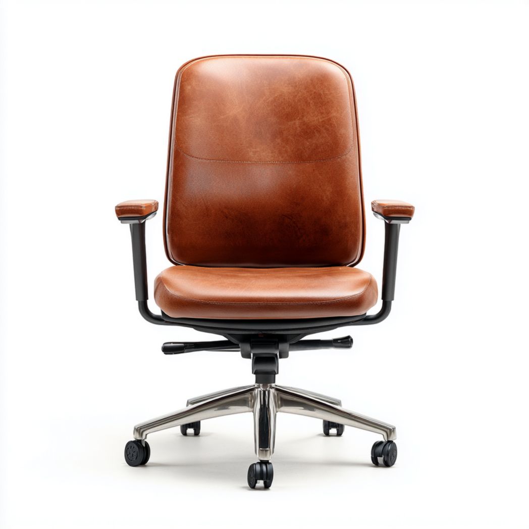 Chaise de bureau en similicuir brun avec accoudoirs, base métallique pivotante à roulettes