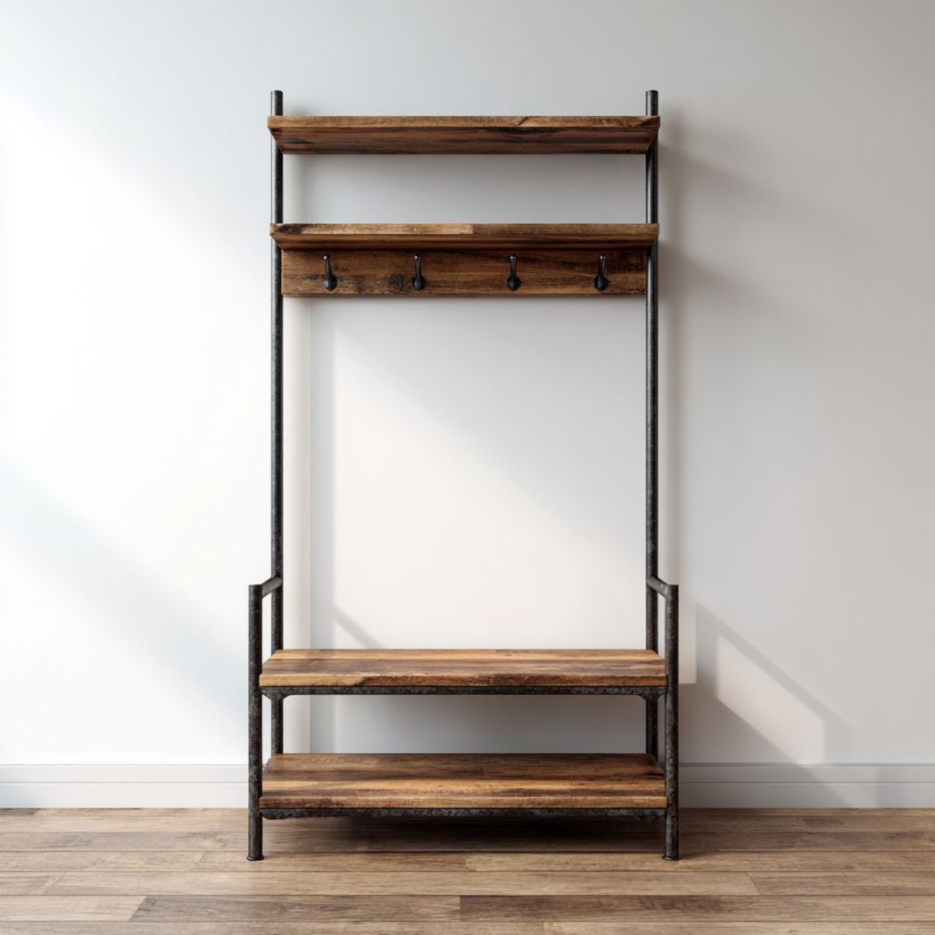 Portemanteau en métal avec étagères en bois et cinq crochets