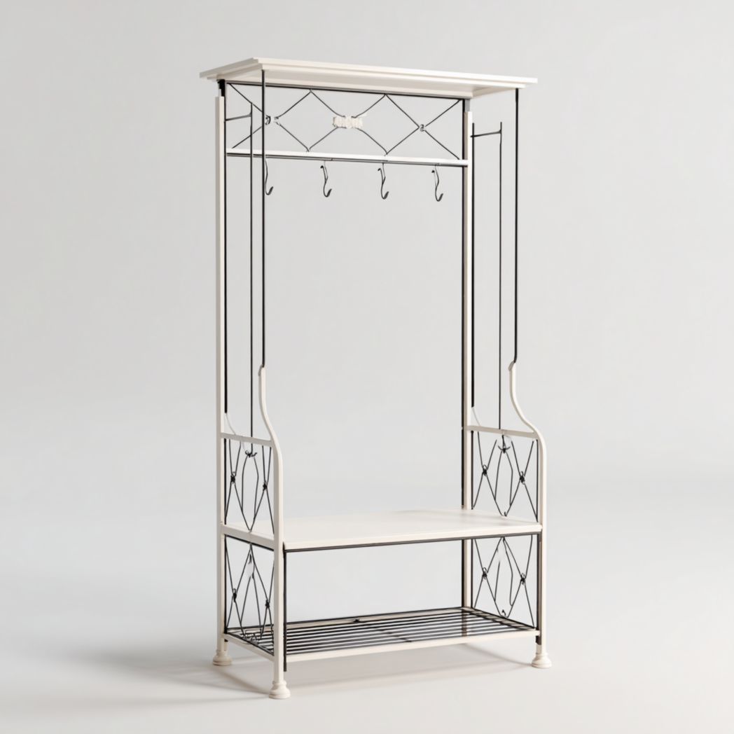 Portemanteau en métal bicolore avec 4 crochets, étagère et tablette supérieure