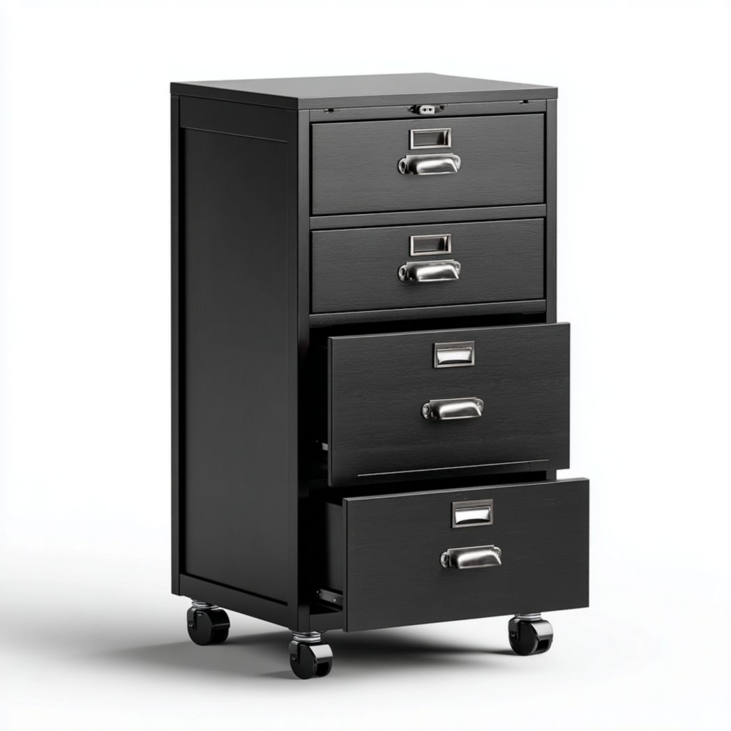 Caisson de bureau noir à quatre tiroirs avec roulettes