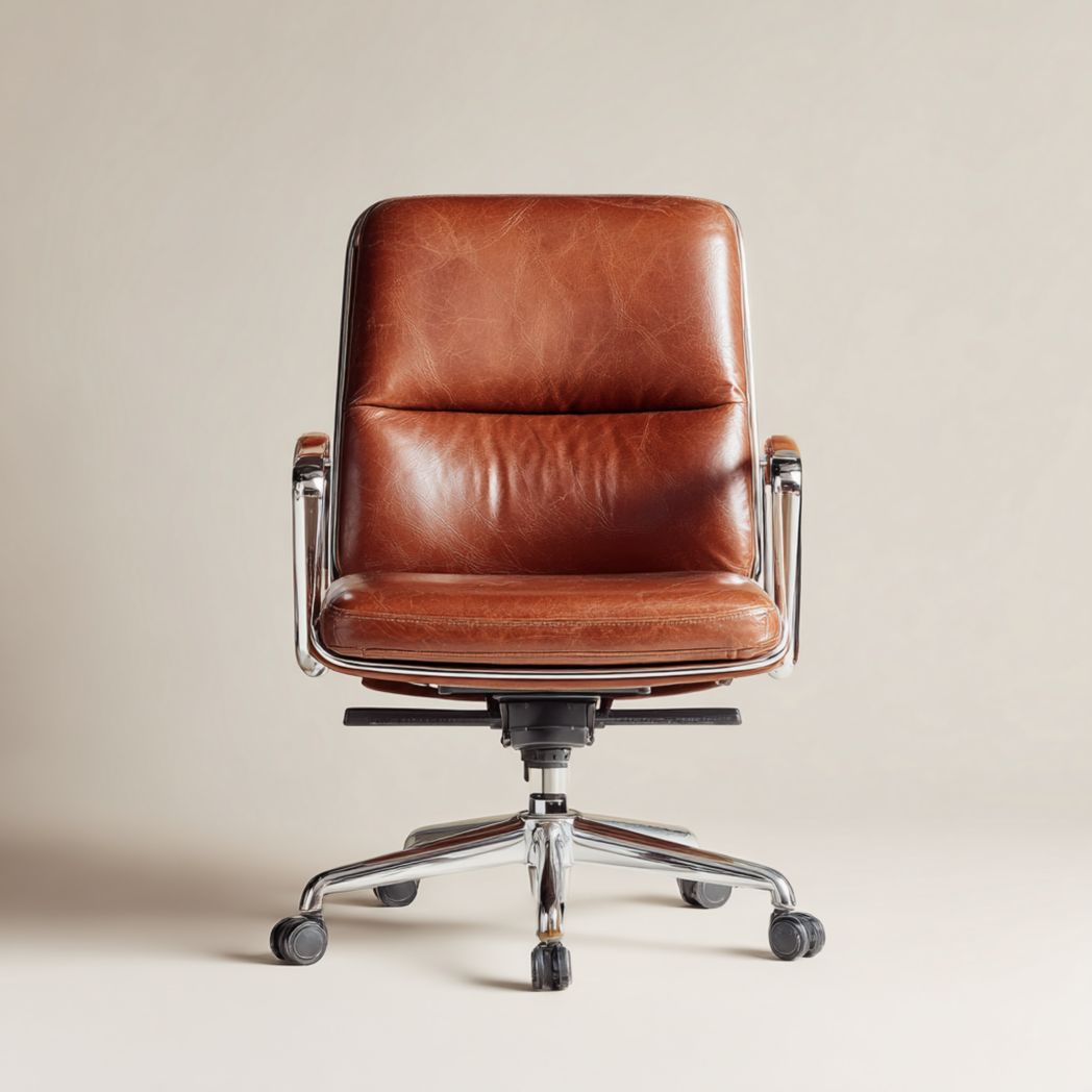 Chaise de bureau en cuir marron avec accoudoirs et base chromée