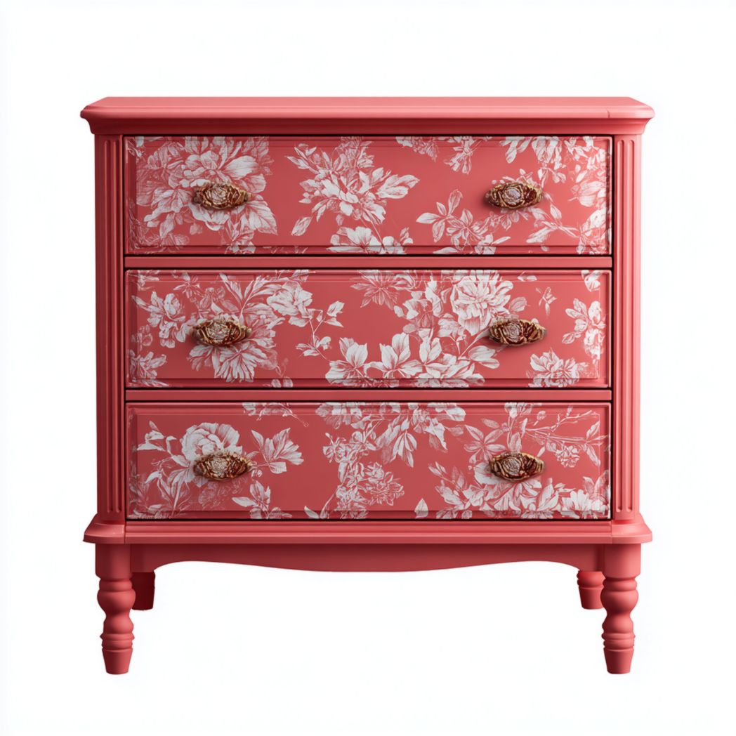 Commode 3 tiroirs bois, finition rouge à motif floral, poignées sculptées