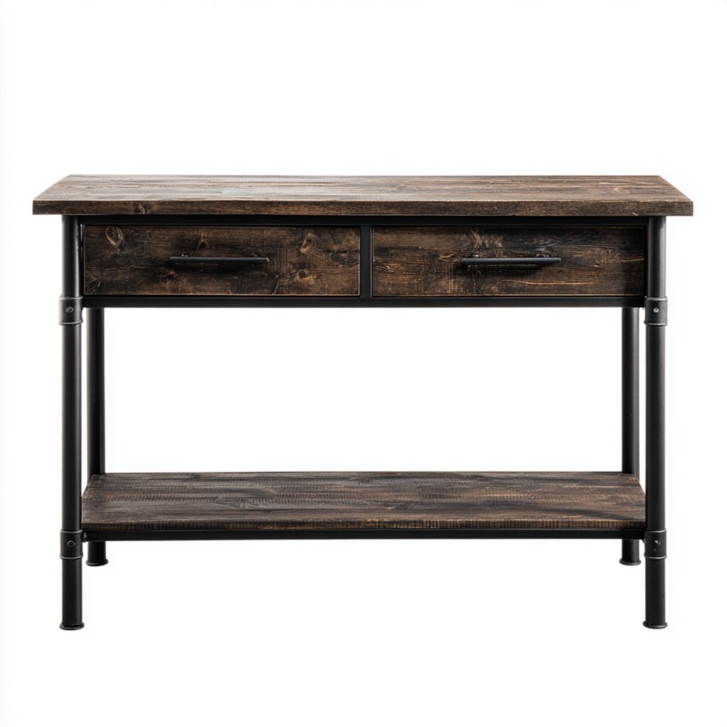 Bureau rectangulaire en bois foncé avec deux tiroirs et structure métallique à tablette inférieure