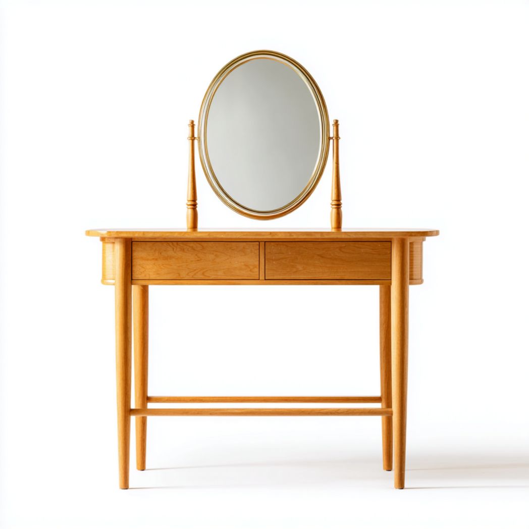 Coiffeuse en bois couleur chêne avec miroir ovale et deux tiroirs