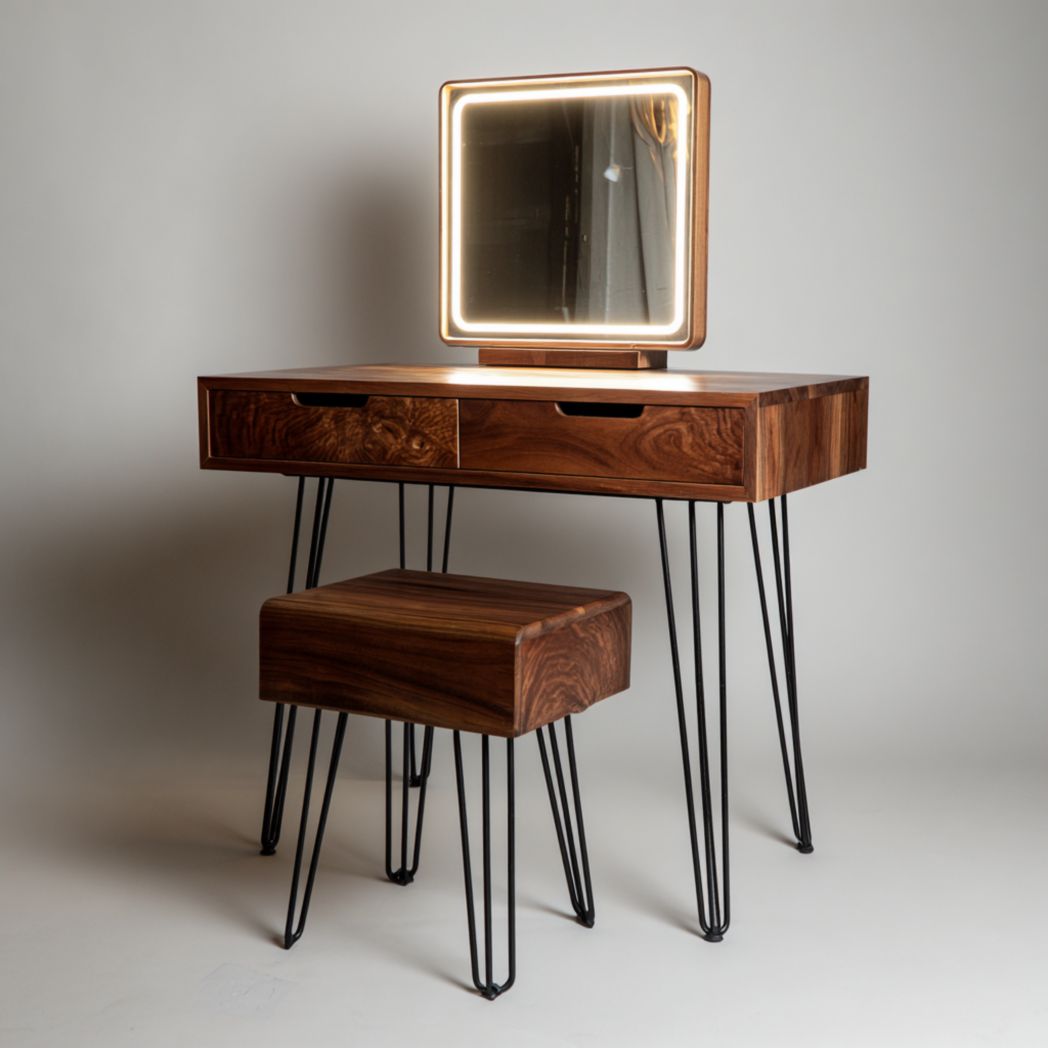 Coiffeuse en bois avec miroir carré lumineux, deux tiroirs et pieds en métal