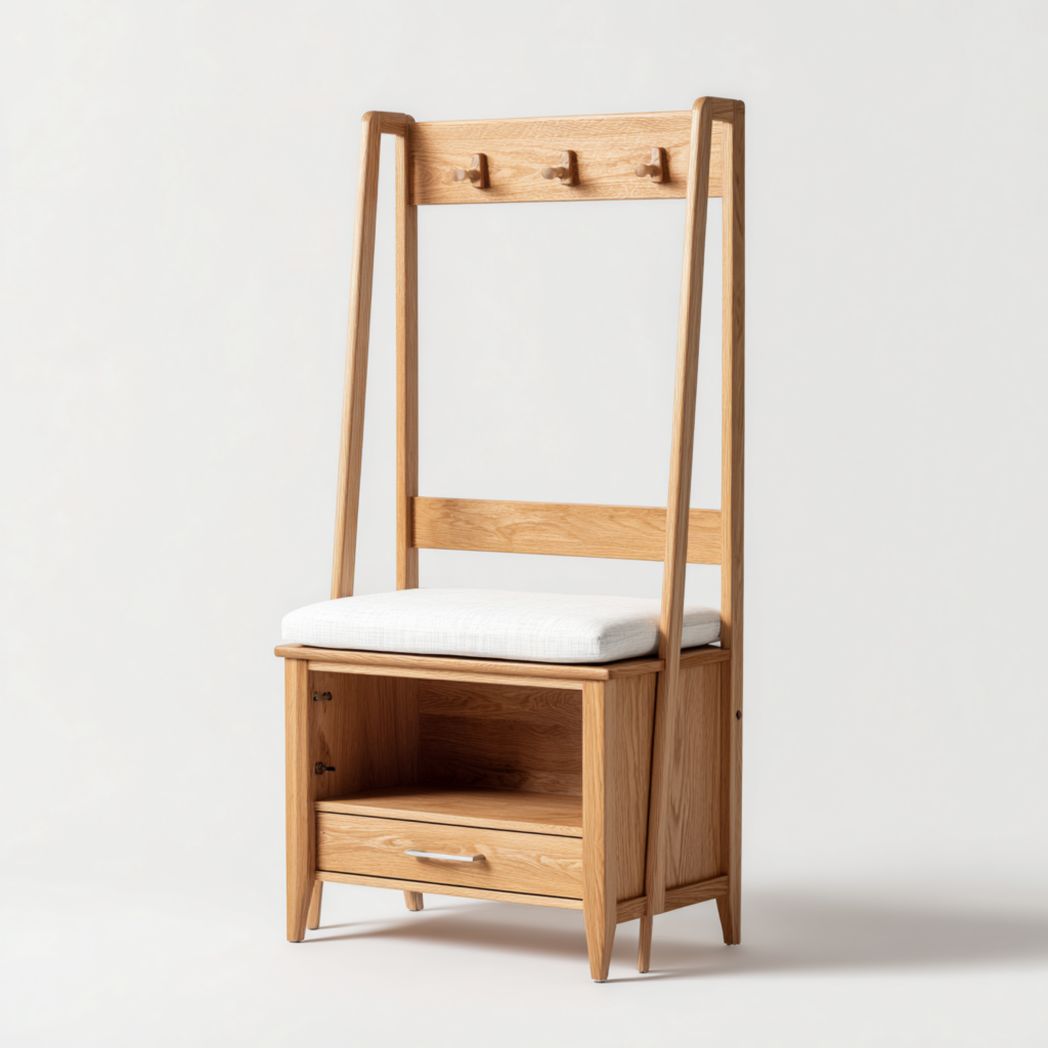Portemanteau en bois avec assise rembourrée, crochets et tiroir