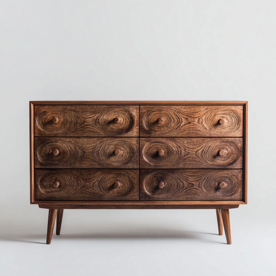 Commode 6 tiroirs bois foncé, façades sculptées, pieds coniques