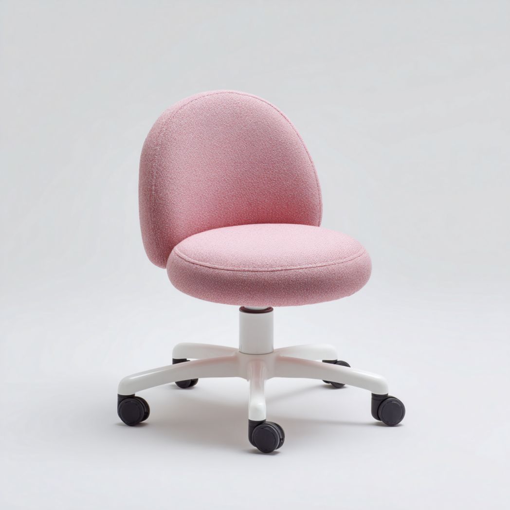 Chaise de bureau en tissu rose avec dossier rond et base blanche à roulettes