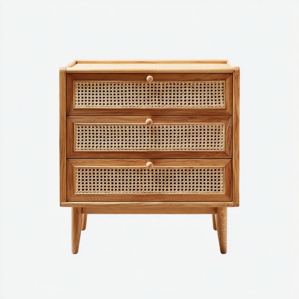 Commode 3 tiroirs bois naturel, façades en cannage, pieds cylindriques